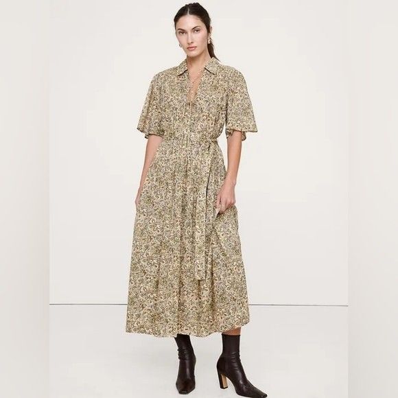 Banana Republic Floral Paisley Tie Front Short Sleeve Maxi Dress Womens Yellow S